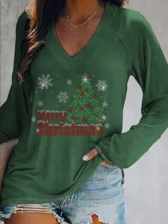 Christmas Xmas Long Sleeve V Neck Plus Size Printed Tops T-shirts
