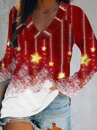 Christmas Xmas Star Long Sleeve V Neck Plus Size Printed Tops T-shirts