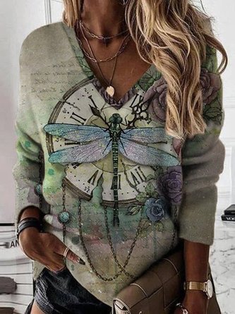 V Neck Pastoral Loosen Sweatshirt