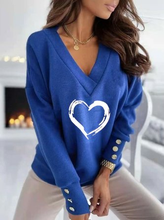 V neck Casual Heart Long Sleeve Sweatershirt