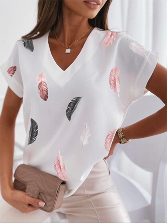 Feather Casual V Neck Short sleeve Short sleeve tops