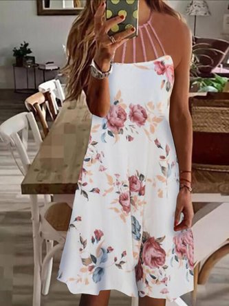 Romantic Floral Printed Hollow Out Cotton Blends Loosen Midi Dress