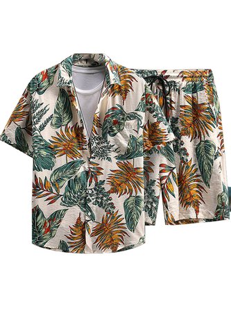 2Pack Hawaiian Cotton Linen Shirt Shorts Men
