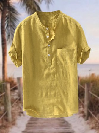 Men's Cotton Linen Style Half Placket Stand Collar Short Sleeve Shirt