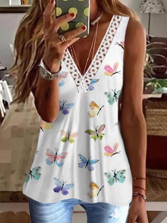 Casual Butterfly Sleeveless V Neck Plus Size Printed Tank Top Vests