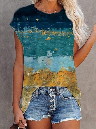 Color Block Ombre Abstract Geometric Casual Loosen Crew Neck Short Sleeve T-Shirt