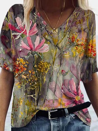 Cotton Blends Loosen Floral T-shirt