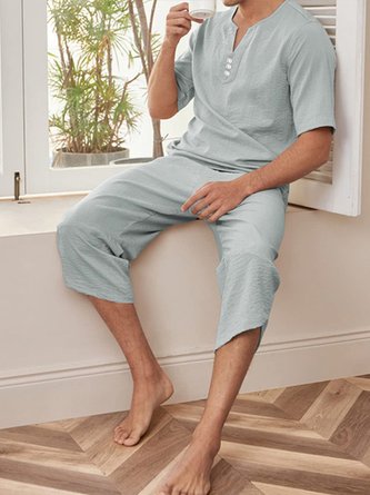 Men's Cotton Linen Casual Short Sleeve Top Trousers Set
