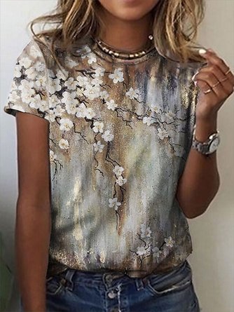 Casual Crew Neck Floral Short Sleeve T-Shirt