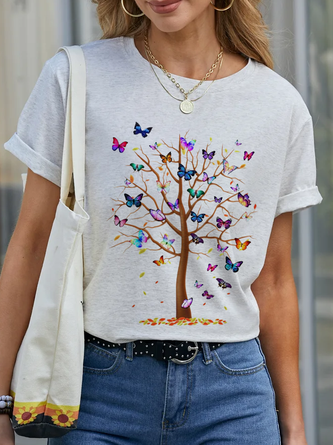 Casual Crew Neck Butterfly Printed Short Sleeves T-Shirt Shirt & Top