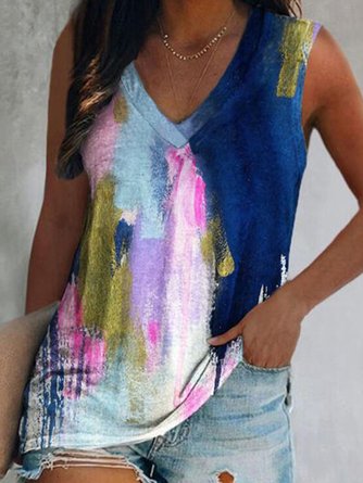 Painted Geometric Abstract Printed Casual Loosen V Neck Knit Tank