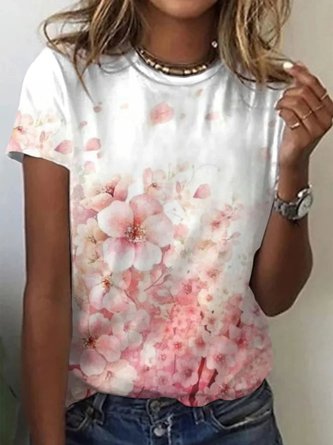 Casual Floral Short Sleeve Round Neck Plus Size Printed Tops T-shirts