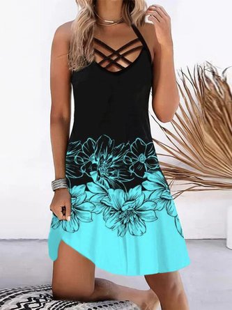 Color-block Floral Sleeveless Cross Lace-up V Neck Casual Knit Dress