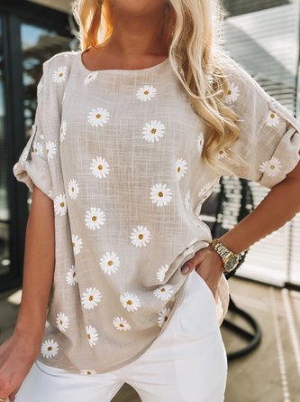 Vacation Crew Neck Floral Short Sleeve Tops
