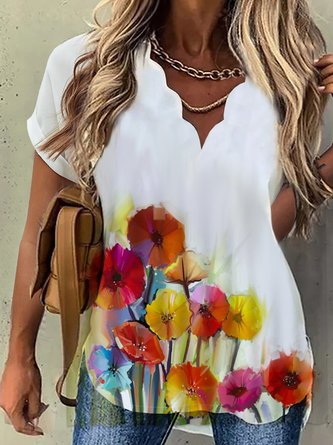 Vacation Floral Printed Casual Loosen V Neck Shirt Sleeve Short Sleeve Tops