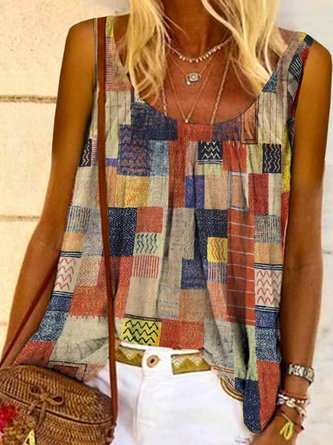 Casual Sleeveless Round Neck Printed Top Vests