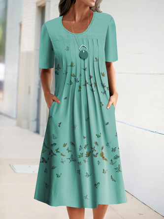 Crew Neck Loosen Vacation Short Sleeve Woven Dress