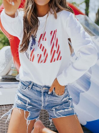 Casual Autumn Flag Polyester Crew Neck Long sleeve Loose Regular H-Line Sweatshirts for Women