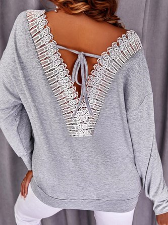 Women Casual Plain Autumn V neck Micro-Elasticity Daily Long sleeve Regular H-Line Sweatshirts