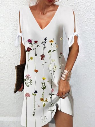 Floral Fit A-Line Loose Short Sleeve V Neck Midi Dress
