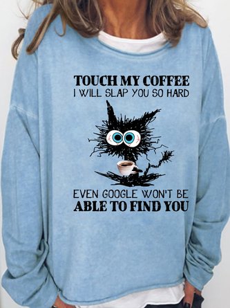 Womens Funny Coffee Letter Black Cat Casual Sweatshirt
