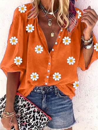 Casual Daisy Loose Stand Collar Three Quarter Sleeve Blouse