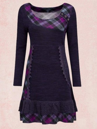 Women Purple Ruffled Casual Plaid Casual Knitting Dress