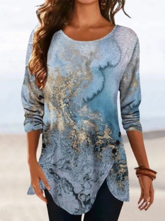 Casual Sea Long Sleeve Crew Neck Plus Size Printed Tops T-shirts