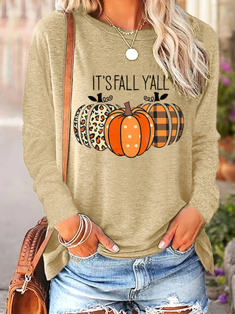 It's Fall Y'all Shirt Women Halloween Leopard Pumpkin Crew Neck Halloween Top