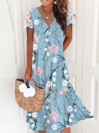 Casual Floral Summer Polyester V neck Daily H-Line Others Regular Size Dresses for Women