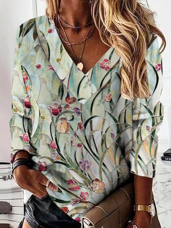 Casual Floral Autumn V neck Daily Loose Jersey Regular H-Line Sweatshirts for Women
