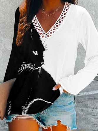 Women Casual Autumn Cat Micro-Elasticity Daily Loose Best Sell H-Line Regular Size T-shirt