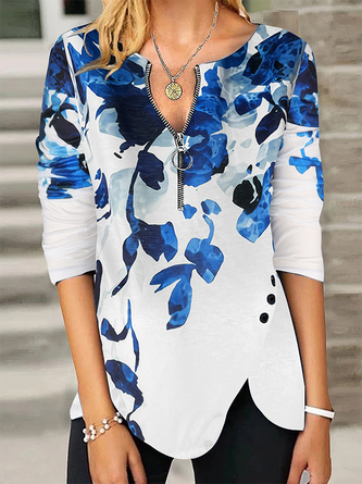 Women Casual Floral Autumn V neck Micro-Elasticity Jersey Hot List H-Line Regular Size T-shirt