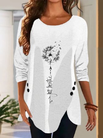 Women Casual Autumn Dandelion Micro-Elasticity Loose Standard Crew Neck Mid-long Regular Size T-shirt
