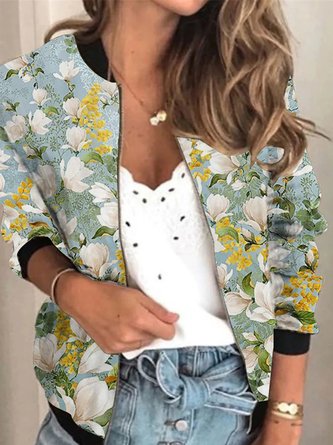 Casual Floral Autumn Stand Collar Natural Micro-Elasticity Daily Jersey Long sleeve Other Coat for Women