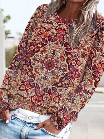 Casual Ethnic Autumn Daily Loose Long sleeve Crew Neck H-Line Regular Sweatshirts for Women