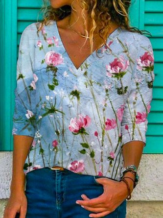 Women Casual Floral Autumn Polyester V neck Daily Loose H-Line Regular T-shirt