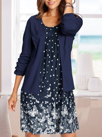 Women Polka Dots Casual Autumn Natural Daily Loose Coat With Skirt A-Line Regular Size Two Piece Sets