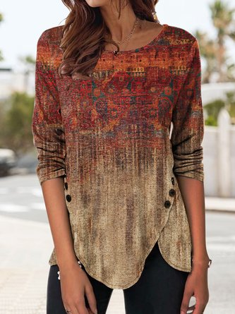Casual Ethnic Floral Design Crew Neck Knit Long Sleeve Top