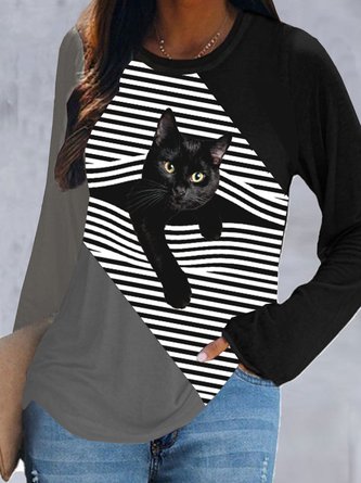 Casual Animal Autumn Micro-Elasticity Daily Loose Jersey Crew Neck Regular T-shirt for Women