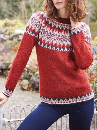 Women Geometric Casual Autumn Micro-Elasticity Loose Long sleeve Wool/Knitting Regular Regular Size Sweater