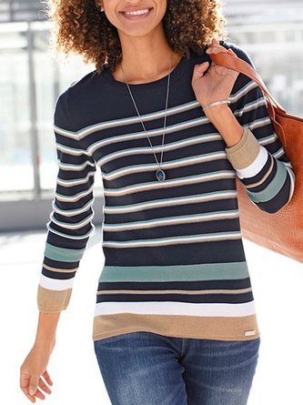 Women Striped Casual Autumn Polyester Daily Best Sell Three Quarter Regular H-Line Sweater