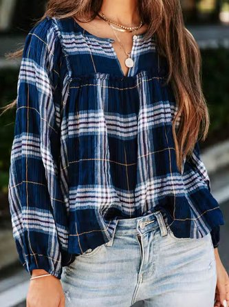 Women Casual Plaid Autumn Daily Loose Notched Regular H-Line Regular Size Tops
