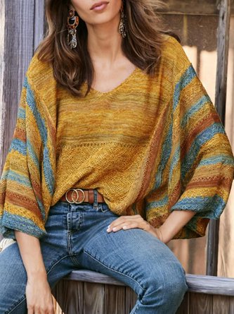 Geometric Vintage Autumn Knitted Natural Lightweight Micro-Elasticity Crew Neck H-Line Sweater for Women
