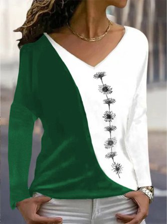 Women Casual Floral Autumn V neck Daily Loose Standard Long sleeve H-Line T-shirt