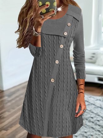 Casual Plain Texture Crew Neck Stitched Buttons Jersey Dress