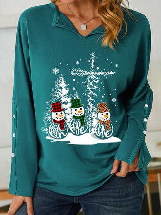 Women Snowman Christmas Print Simple V Neck Sweatshirt