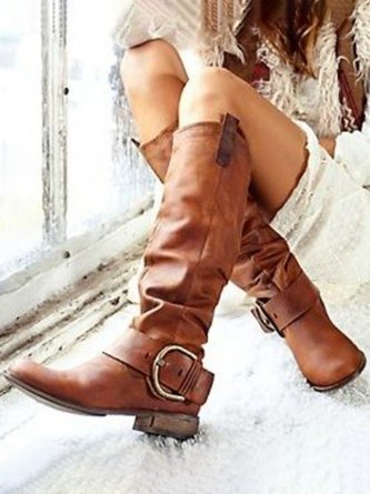 Flat Heel Leather Casual Brown Boots