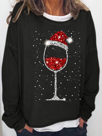Women‘s Christmas Wine Print Crew Neck Casual Sweatshirt