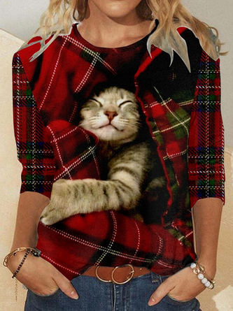 Women's Christmas Cat Print Casual Top